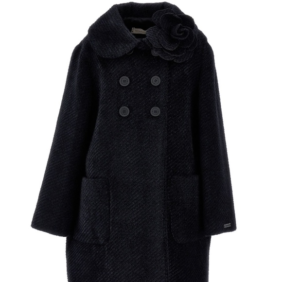 Monnalisa Girls Black Wool Coat with Flower – Size 8, New with Tags - Picture 1 of 3